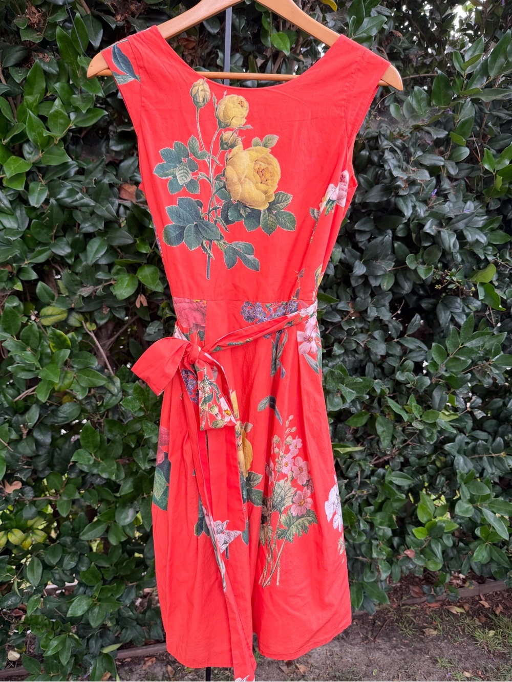 Ritu Kumar Coral Red Floral Midi Dress with Tie Waist